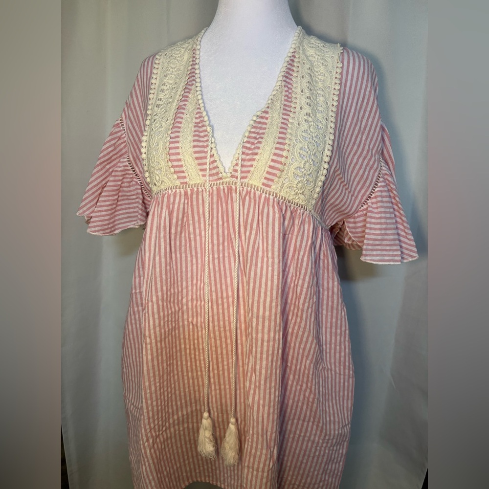 GIGIO Pink Stripe 100% Cotton Dress Lace Trim Boho Cottagecore Babydoll - Picture 5 of 7